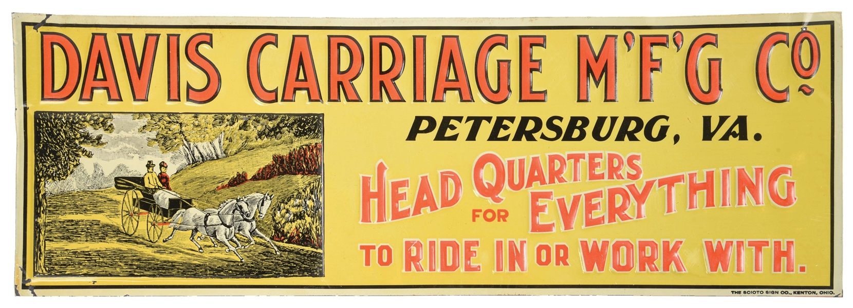 EMBOSSED DAVIS CARRIAGE TIN SIGN W/ HORSE & CARRIAGE GRAPHIC.