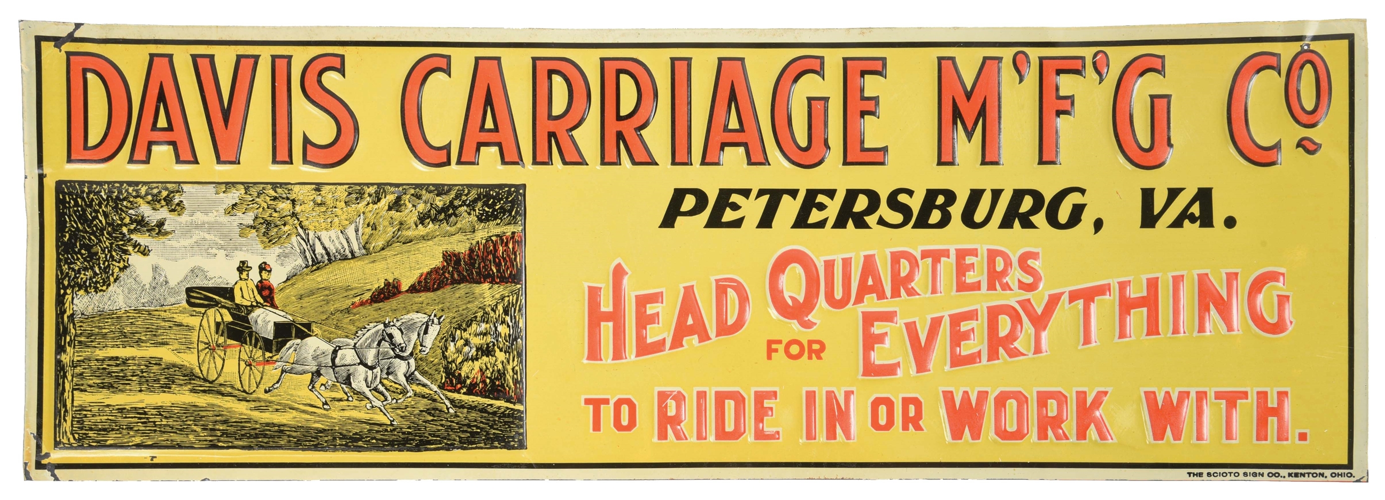 EMBOSSED DAVIS CARRIAGE TIN SIGN W/ HORSE & CARRIAGE GRAPHIC.