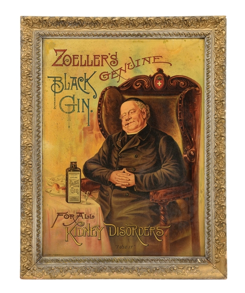 ZOELLERS BLACK GIN TIN SIGN W/ CIGAR SMOKER GRAPHIC.