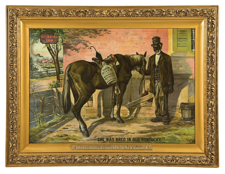 GREEN RIVER WHISKEY TIN LITHOGRAPH SIGN W/ HORSE GRAPHIC.