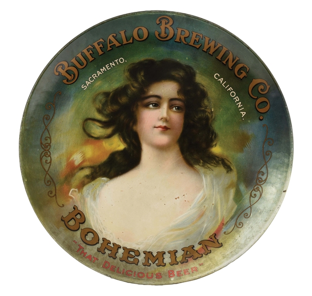 BUFFALO BREWING CO. TIN CHARGER W/ WOMAN GRAPHIC.