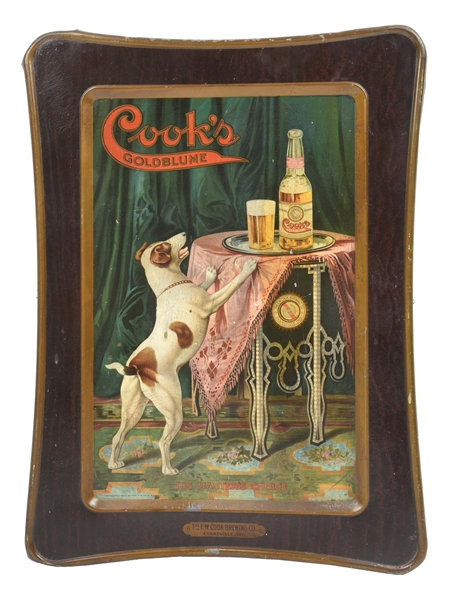 COOKS GOLDBLUME BEER SELF-FRAMED TIN LITHOGRAPH W/ DOG & BEER BOTTLE GRAPHIC.