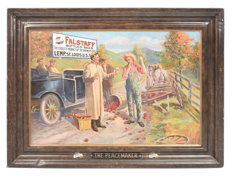 FALSTAFF BEER SELF-FRAMED TIN LITHOGRAPH W/ AUTOMOBILE & WAGON GRAPHIC.