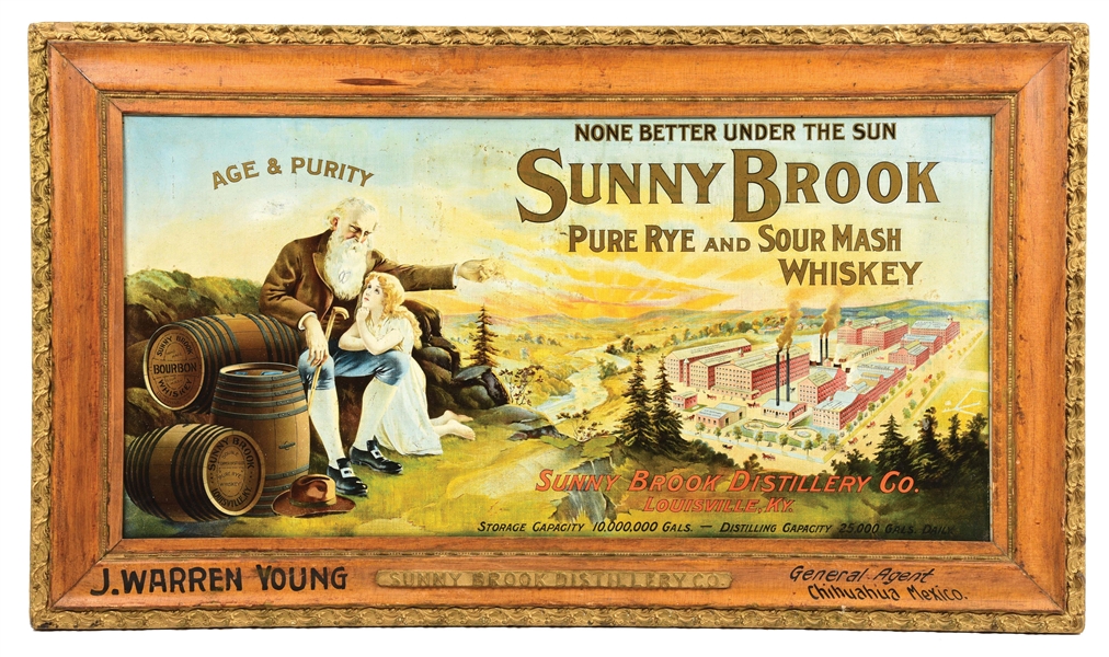 TIN SUNNY BROOK WHISKEY SIGN W/ FACTORY & WHISKEY BARREL GRAPHICS.