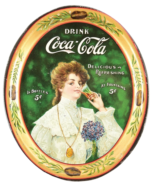 EARLY "DRINK COCA-COLA" TIN LITHOGRAPH TRAY W/ BEAUTIFUL WOMAN GRAPHIC.