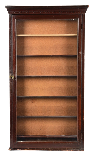 WOODEN WALL DISPLAY CASE W/ INTERIOR SHELVING.