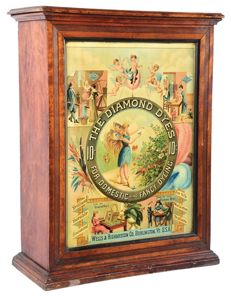 DIAMOND DYES COMPANY CABINET W/ COLORFUL TIN SIGN GRAPHIC.
