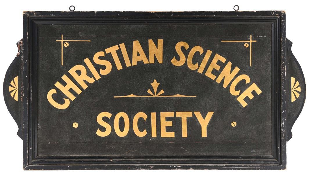 CHRISTIAN SCIENCE SOCIETY SCHMALTZ PAINTED WOODEN SIGN.