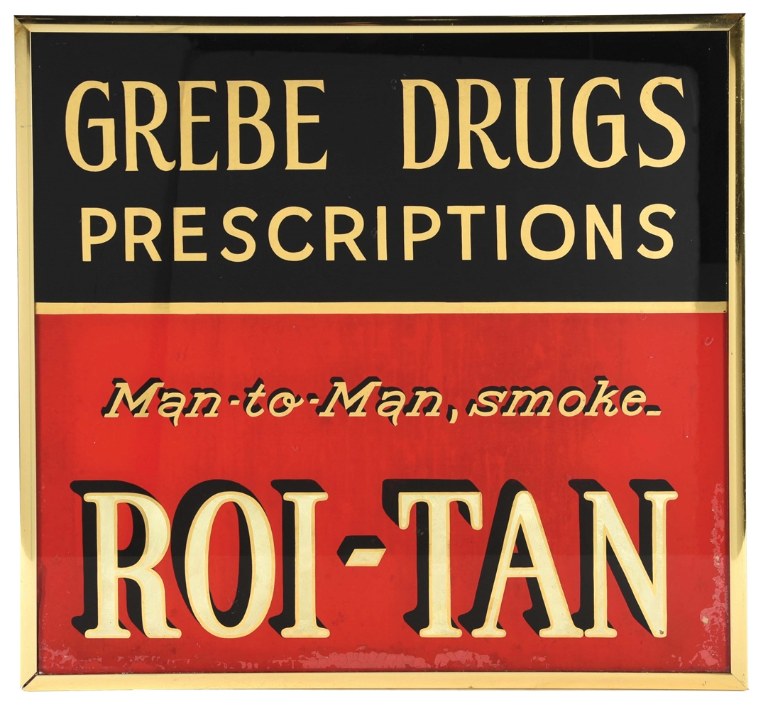 GREBE DRUGS PRESCRIPTIONS REVERSE PAINTED GLASS SIGN.