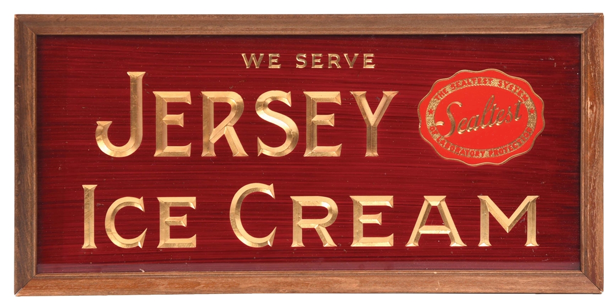 "WE SERVE JERSEY ICE CREAM" REVERSE PAINTED GLASS SIGN W/ SEALTEST LOGO.