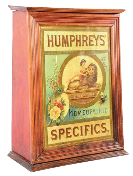 HUMPHREYS SPECIFICS CABINET W/ WOMAN & LION GRAPHIC.