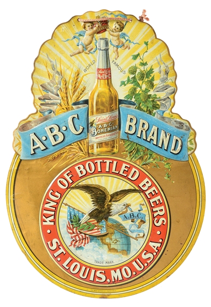 A.B.C BRAND BOHEMIAN BEER EMBOSSED TIN LITHOGRAPH W/ BOTTLE & EAGLE GRAPHIC.