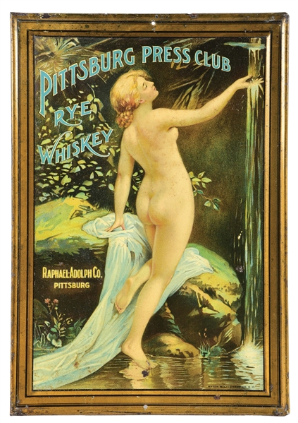 PITTSBURG PRESS CLUB RYE WHISKEY SELF-FRAMED TIN LITHOGRAPH W/ BEAUTIFUL WOMAN GRAPHIC.