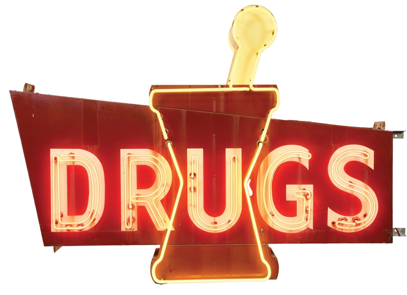 PORCELAIN NEON DRUGS SIGN W/ MORTAR & PESTLE GRAPHIC.