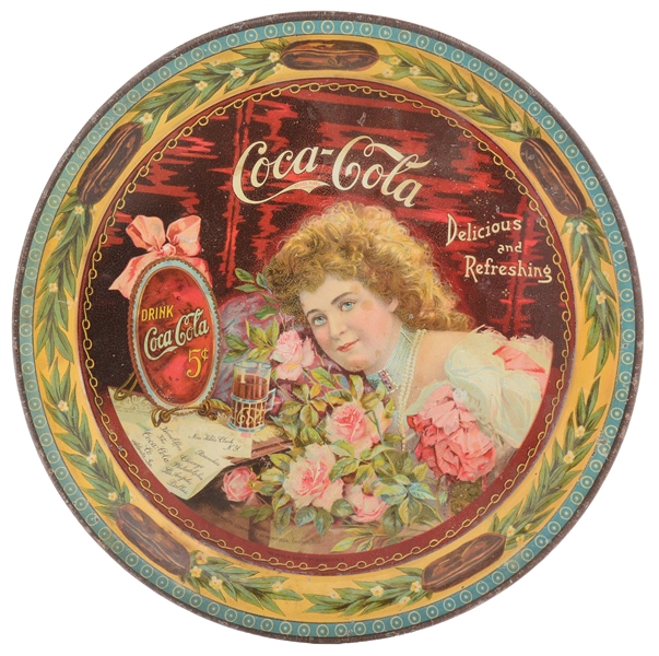 EXTREMELY EARLY "DRINK COCA-COLA DELICIOUS AND REFRESHING" TIN LITHOGRAPH SERVING TRAY W/ BEAUTIFUL WOMAN GRAPHIC.