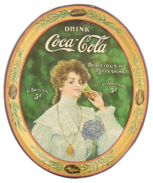 "DRINK COCA-COLA DELICIOUS & REFRESHING" TIN LITHOGRAPH TRAY W/ BEAUTIFUL WOMAN GRAPHIC.