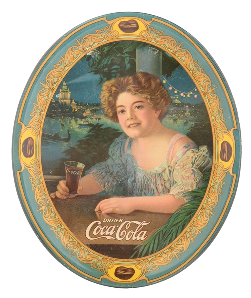 "DRINK COCA-COLA" TIN LITHOGRAPH SERVING TRAY W/ BEAUTIFUL WOMAN GRAPHIC.