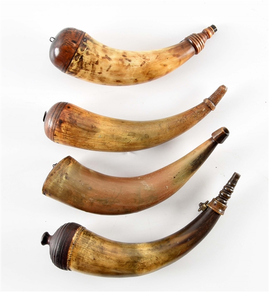 LOT OF 4: POWDER HORNS, 2 SCREW TIP HORNS.