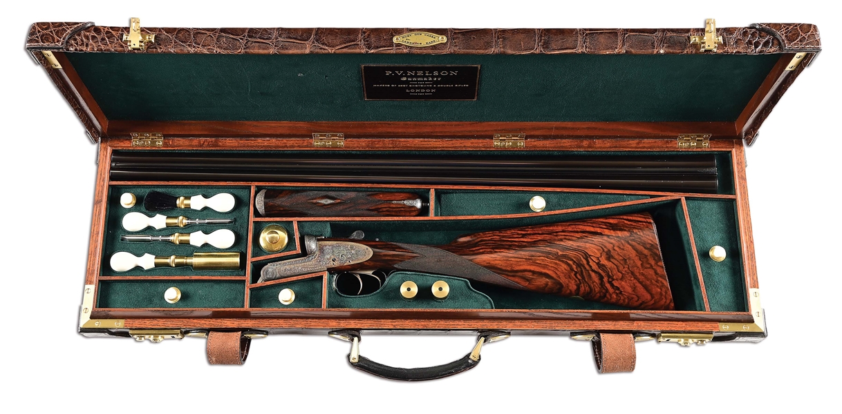 (M) EXQUISITE P.V. NELSON 16 GAUGE BEST QUALITY SLE SIDE BY SIDE SHOTGUN WITH NEAR COMPLETE COVERAGE OF ENGRAVING BY KEITH THOMAS.