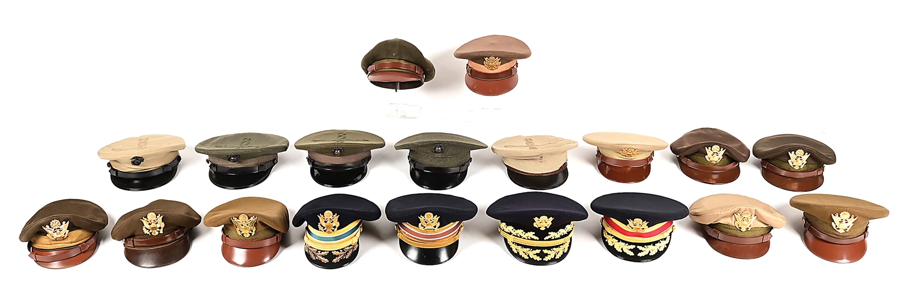 LOT OF 19: US WWII ARMY AND MARINE CORPS OFFICERS VISOR AND CRUSHER CAPS. 