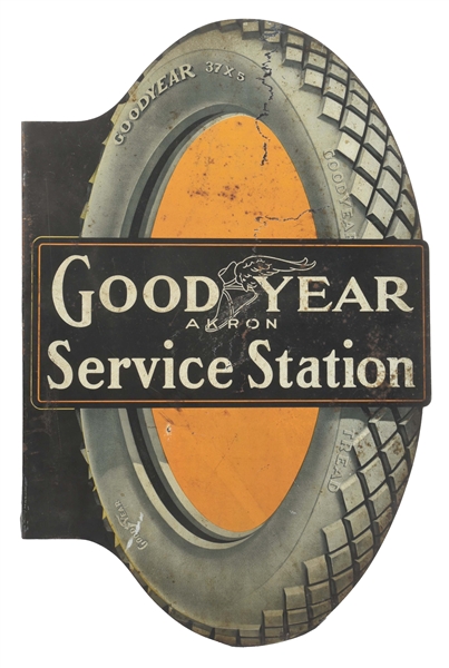 EARLY & UNIQUE GOODYEAR SERVICE STATION TIN LITHOGRAPH FLANGE SIGN W/ EARLY TIRE GRAPHIC.