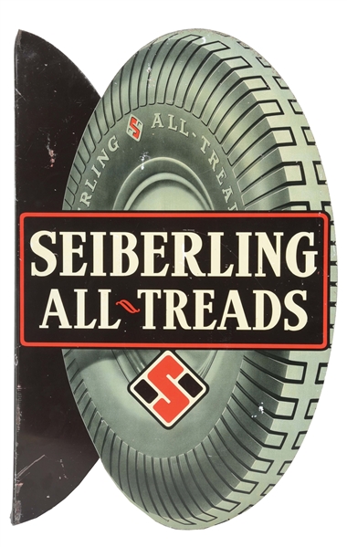 SEIBERLING ALL TREADS TIN LITHOGRAPHED FLANGE SIGN W/ EXCELLENT TIRE GRAPHIC.