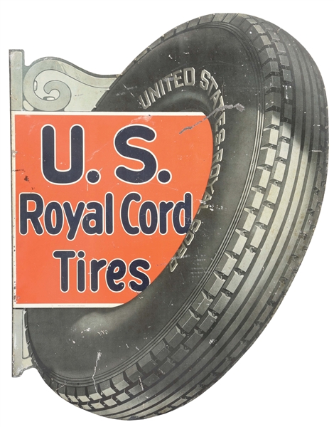 VERY NICE PRESENTING U.S ROYAL CORD TIRES TIN LITHOGRAPH FLANGE SIGN W/ TIRE GRAPHIC.