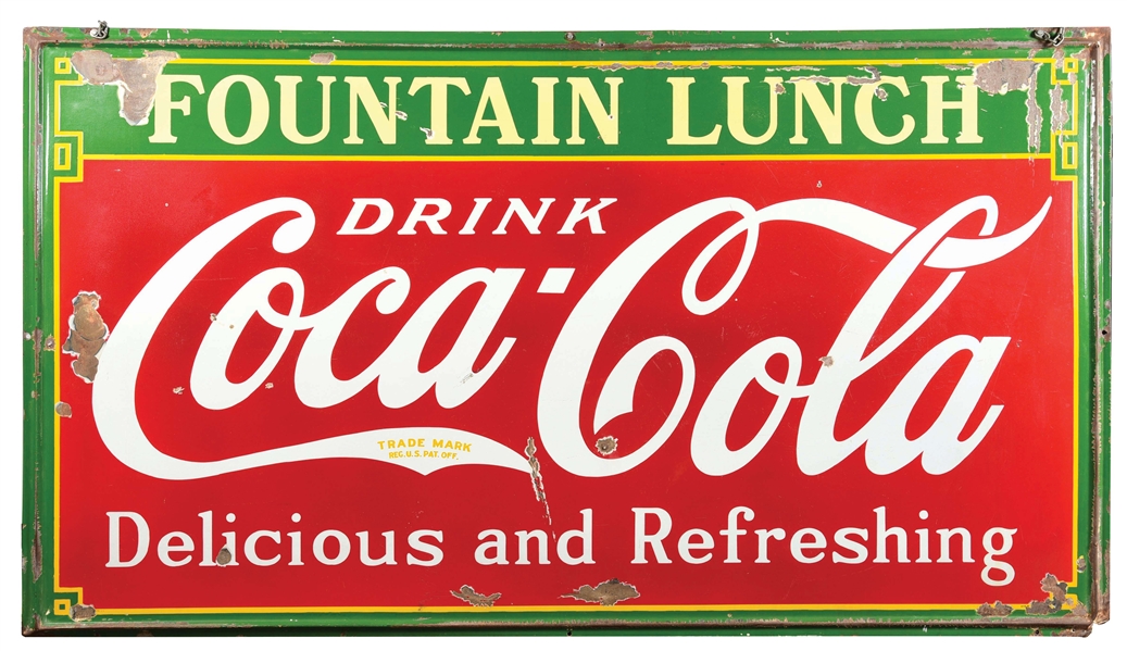 "DRINK COCA-COLA DELICIOUS AND REFRESHING FOUNTAIN LUNCH" PORCELAIN SIGN.