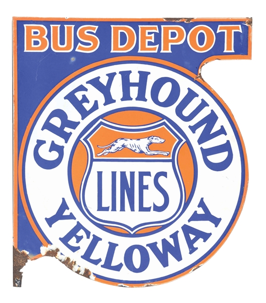 YELLOW GREYHOUND LINES BUS DEPOT PORCELAIN FLANGE SIGN W/ GREYHOUND GRAPHIC.