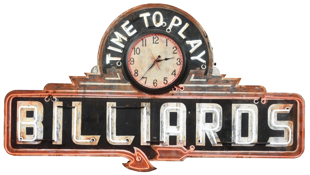 OUTSTANDING DISPLAYING "TIME TO PLAY BILLIARDS" PAINTED METAL NEON SIGN W/ CLOCK ATTACHMENT.