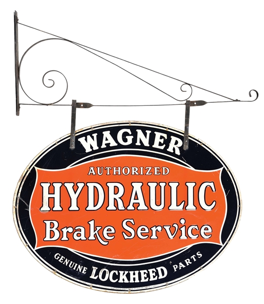 WAGNER AUTHORIZED HYDRAULIC BRAKE SERVICE EMBOSSED TIN SIGN W/ HANGING BRACKET.