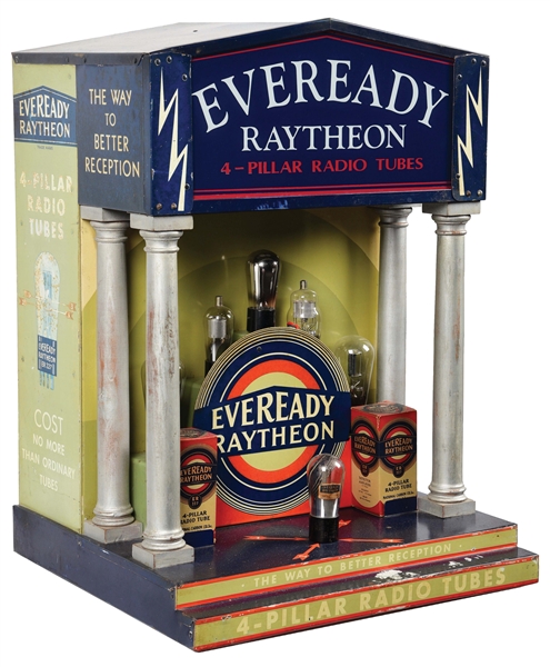 EVEREADY RAYTHEON 4-PILLAR RADIO TUBES COUNTERTOP DISPLAY W/ ORIGINAL PRODUCT.