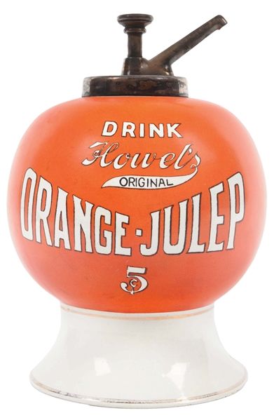 HOWELS ORANGE-JULEP CERAMIC SYRUP DISPENSER.