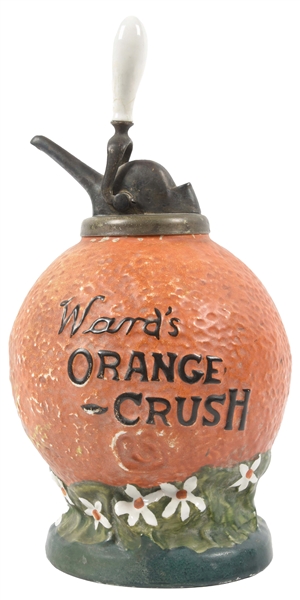 WARDS ORANGE-CRUSH CERAMIC SYRUP DISPENSER.