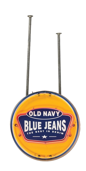 OLD NAVY BLUE JEANS NEON SIGN W/HANGING BRACKETS.