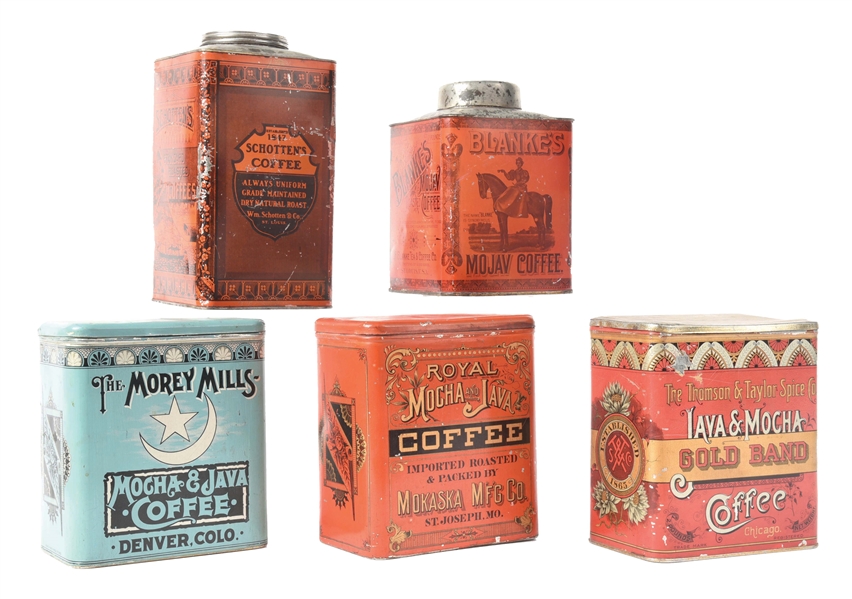 COLLECTION OF 5: EARLY COFFEE TIN CANISTERS.