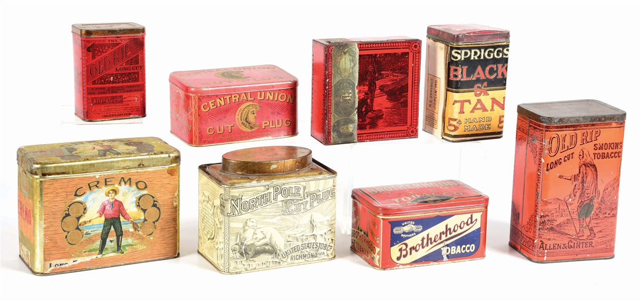 COLLECTION OF 8: EARLY TIN TOBACCO CONTAINERS.