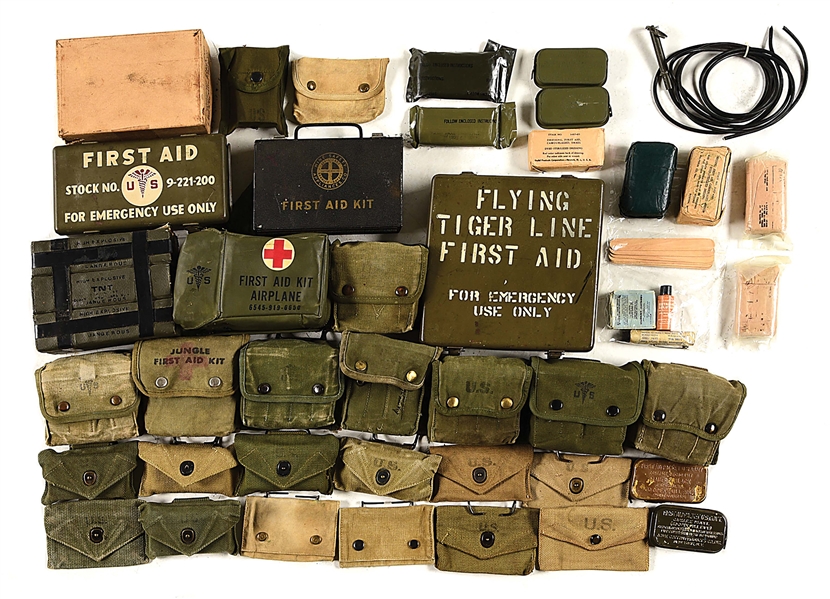 LARGE LOT OF US WWI-COLD WAR FIRST AID KITS.