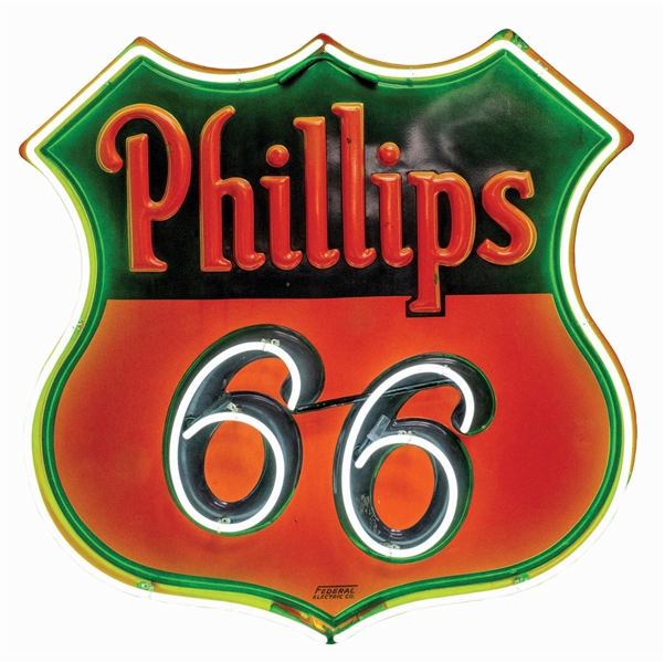 PHILLIPS 66 GASOLINE EMBOSSED PORCELAIN NEON SHIELD SIGN. 