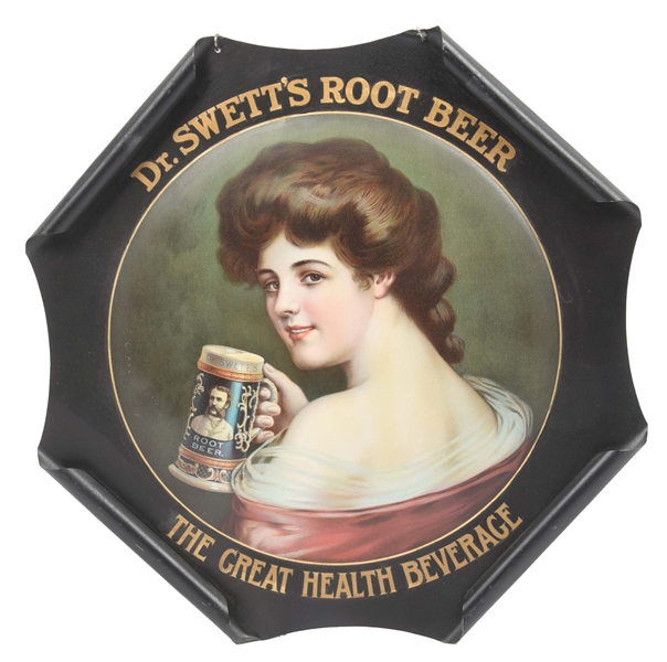 DR. SWETTS ROOT BEER TIN SIGN W/ WOMAN GRAPHIC.