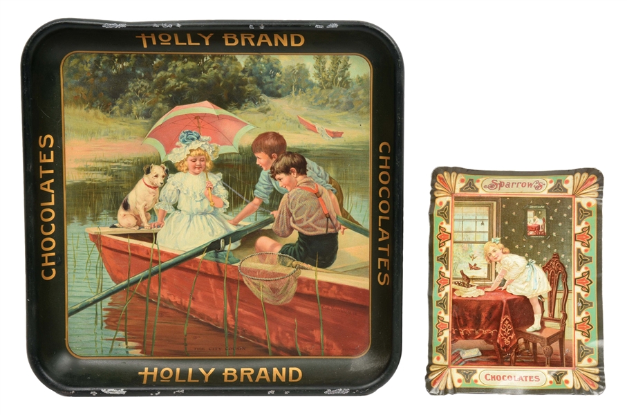 COLLECTION OF 2 CHOCOLATE ADVERTISING TIN TRAYS.