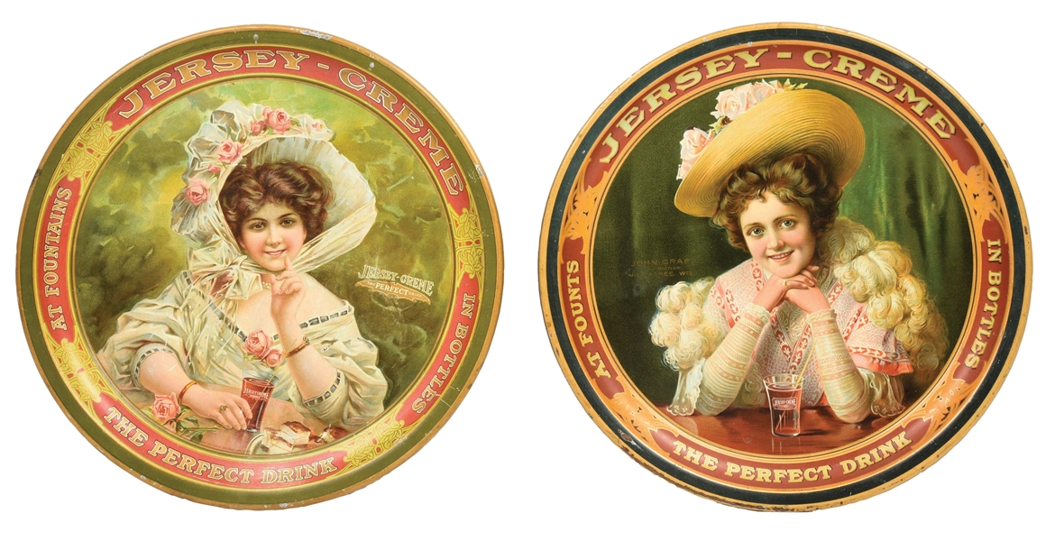 COLLECTION OF 2 JERSEY-CREME TIN ADVERTISING TRAYS.