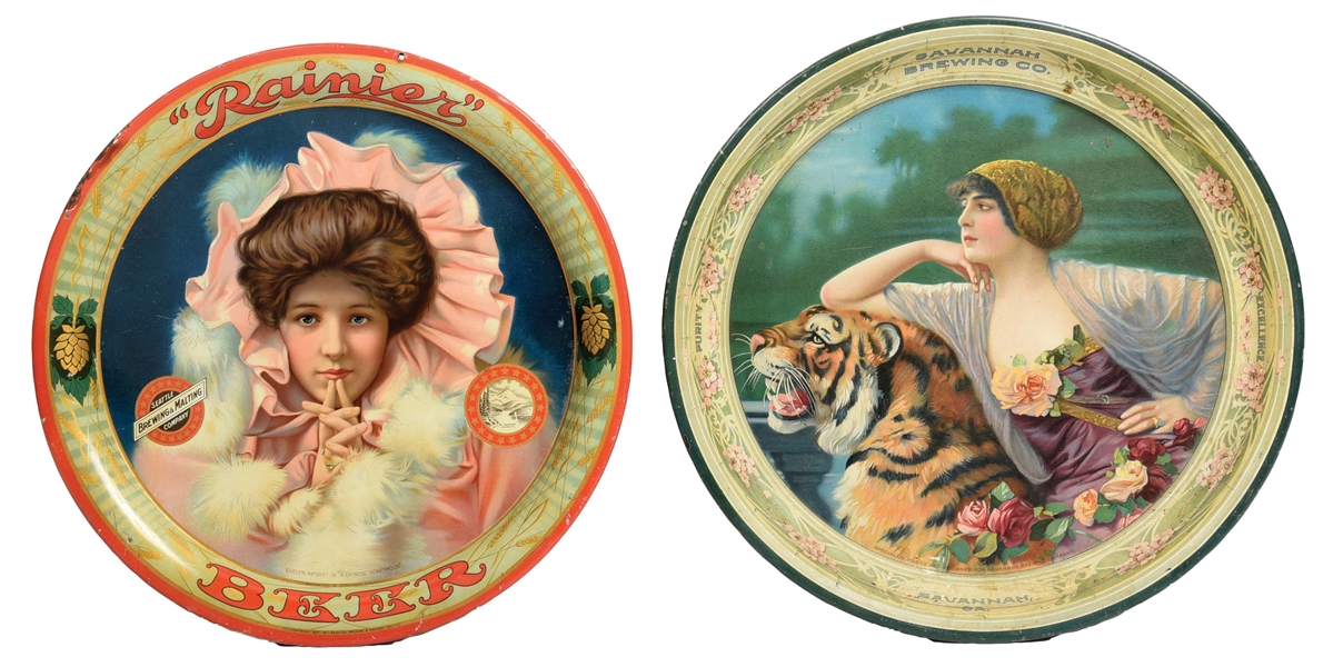 COLLECTION OF 2 TIN BEER TRAYS W/ WOMEN GRAPHICS.