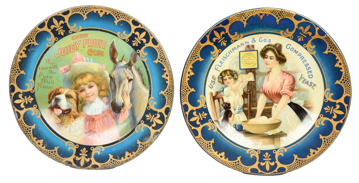 COLLECTION OF 2 COLORFUL SERVING DISH TRAYS.CHEW JUICY FRUIT GUM & FLEISCHMANN YEAST TIN ADVERTISING TRAYS.