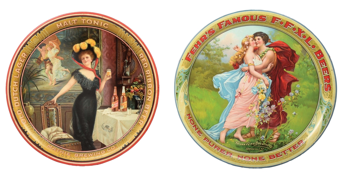 COLLECTION OF 2 BEER TRAYS W/ WOMEN GRAPHICS. FEHRS FAMOUS & OLD DUTCH TONIC TIN ADVERTISING TRAYS.