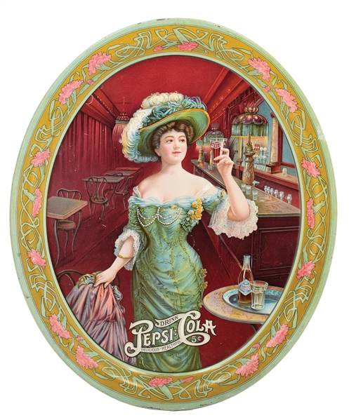 OVAL PEPSI-COLA SERVING TRAY W/ VICTORIAN WOMAN GRAPHIC.