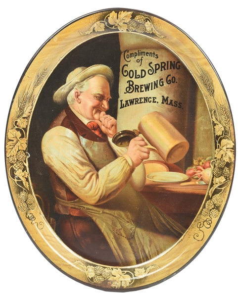 GOLD SPRING BREWING CO. TRAY W/ MAN DRINKING GRAPHIC.
