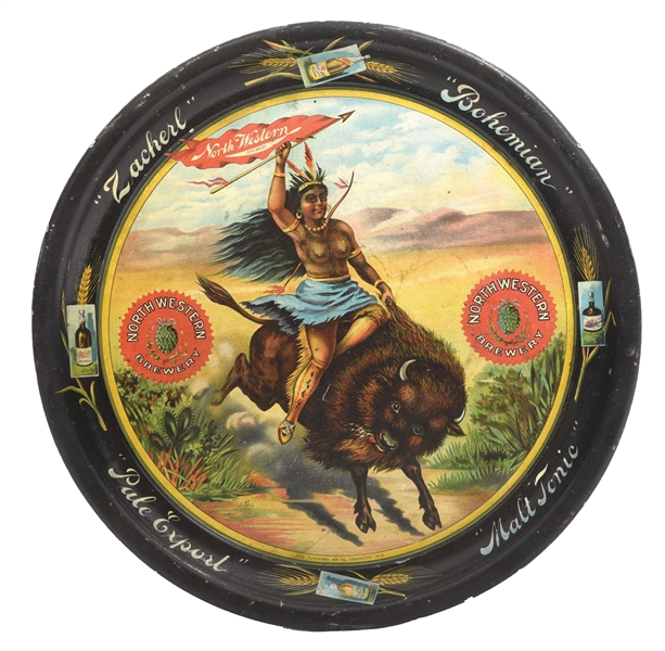 NORTHWESTERN BREWERY BEER TRAY W/ NATIVE AMERICAN GRAPHIC.