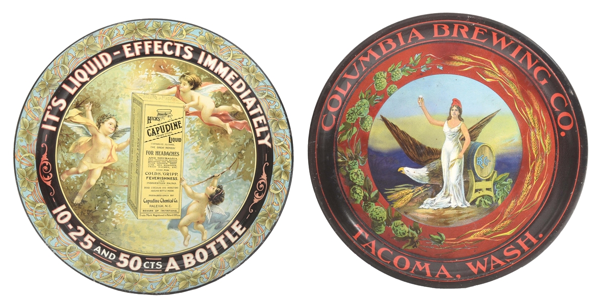 COLLECTION OF 2: CAPUDINE & COLUMBIA BREWING ADVERTISING TRAYS.