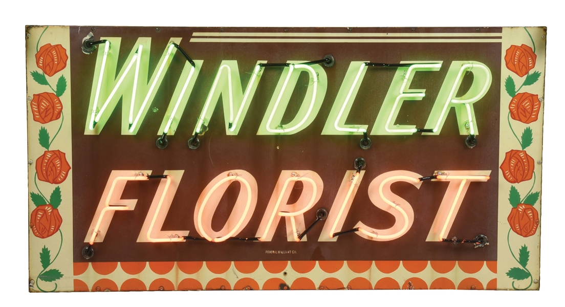 WINDLER FLORIST PORCELAIN NEON SIGN W/ FLORAL GRAPHICS.